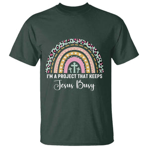 I am a Project That Keeps Jesus Busy Rainbow Cross T Shirt Cute Christian Faith Humor TS02 Dark Forest Green Print Your Wear