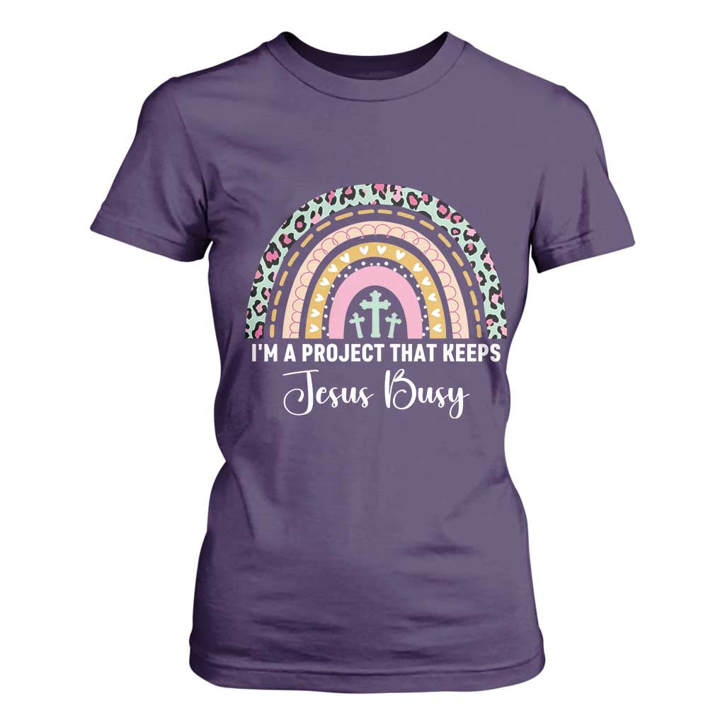 I am a Project That Keeps Jesus Busy Rainbow Cross T Shirt For Women Cute Christian Faith Humor TS02 Purple Print Your Wear