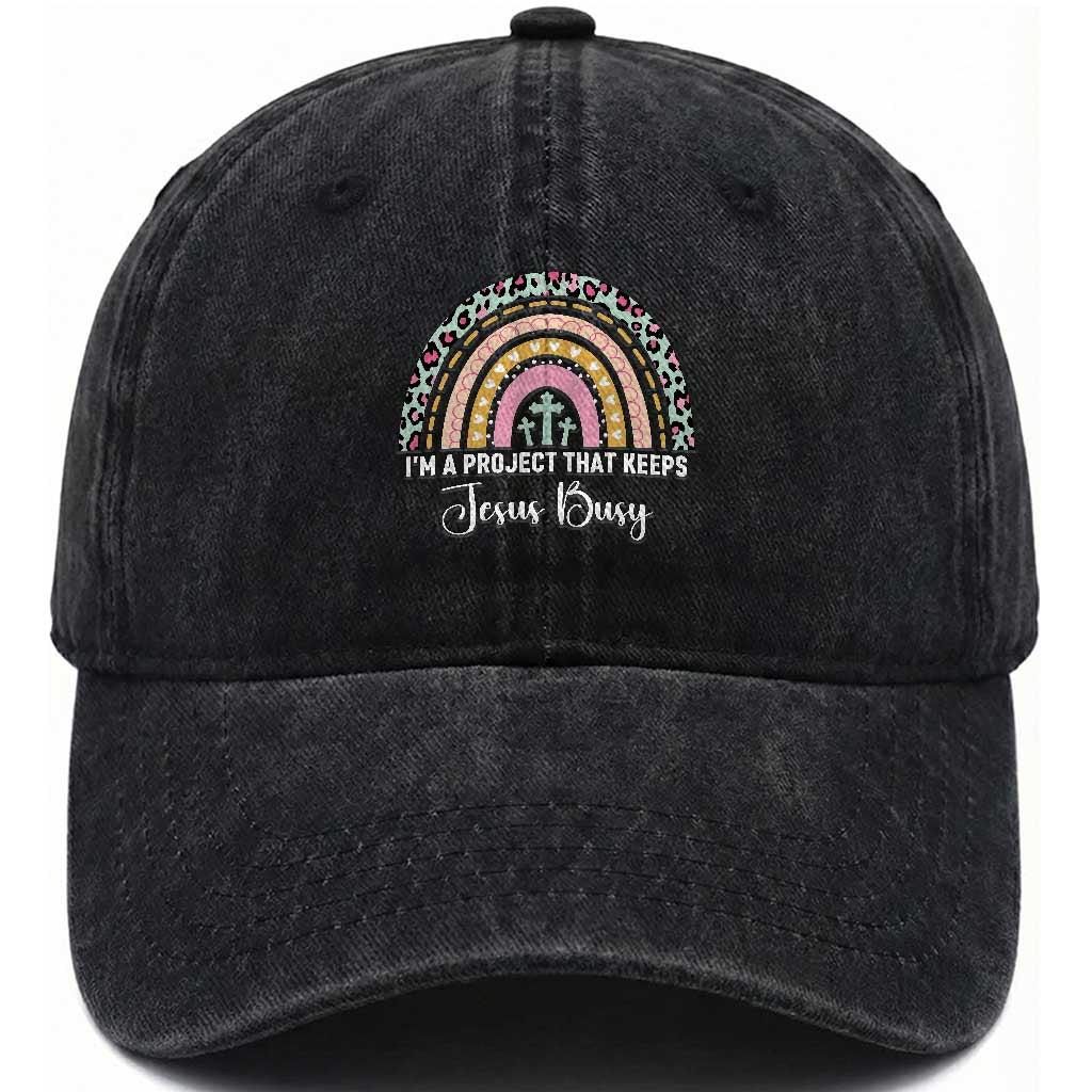 I am a Project That Keeps Jesus Busy Rainbow Cross Washed Cotton Baseball Cap Cute Christian Faith Humor
