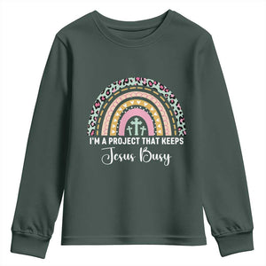I am a Project That Keeps Jesus Busy Rainbow Cross Youth Sweatshirt Cute Christian Faith Humor TS02 Dark Forest Green Print Your Wear