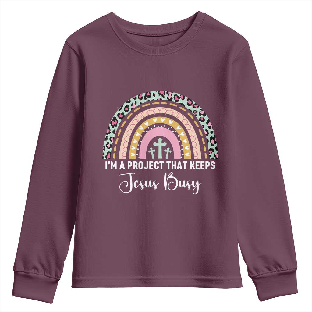 I am a Project That Keeps Jesus Busy Rainbow Cross Youth Sweatshirt Cute Christian Faith Humor TS02 Maroon Print Your Wear