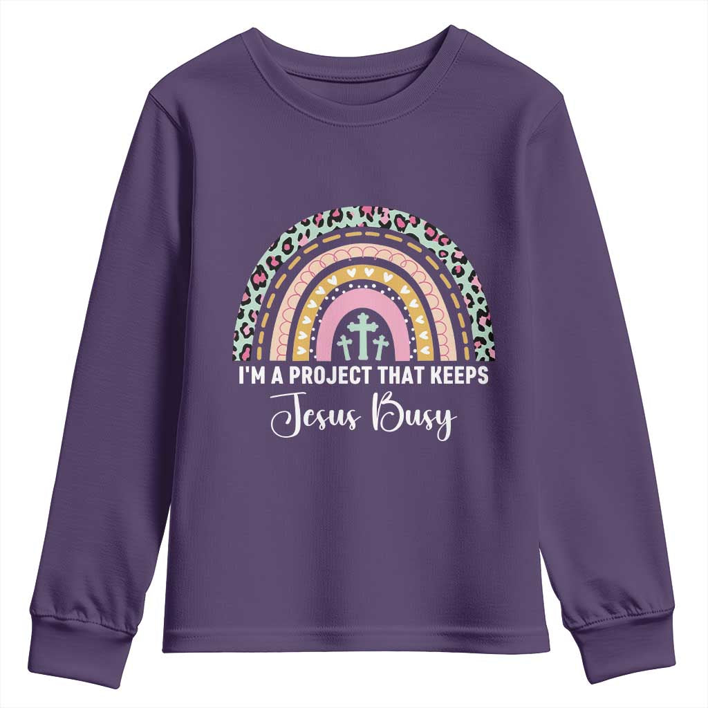 I am a Project That Keeps Jesus Busy Rainbow Cross Youth Sweatshirt Cute Christian Faith Humor TS02 Purple Print Your Wear