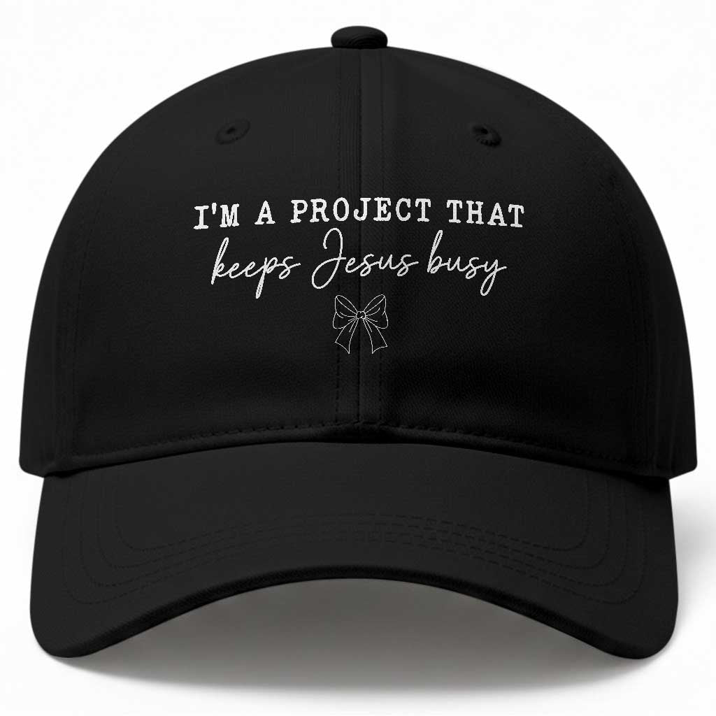 I am a Project That Keeps Jesus Busy Coquette Bow Baseball Cap Christian Faith Humor