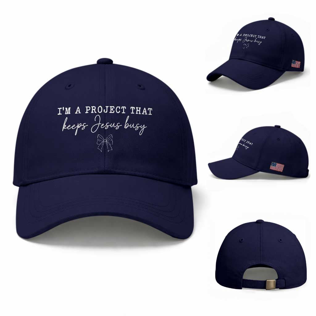 I am a Project That Keeps Jesus Busy Coquette Bow Baseball Cap Christian Faith Humor
