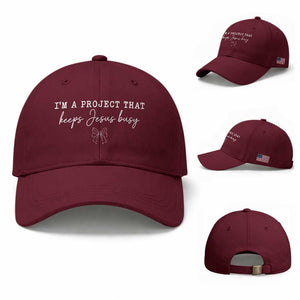 I am a Project That Keeps Jesus Busy Coquette Bow Baseball Cap Christian Faith Humor