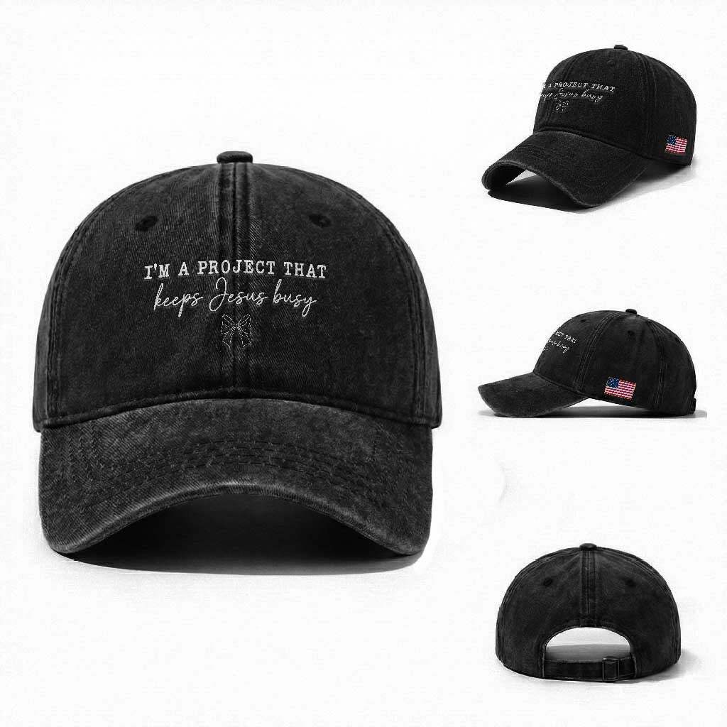 I am a Project That Keeps Jesus Busy Coquette Bow Washed Cotton Baseball Cap Christian Faith Humor