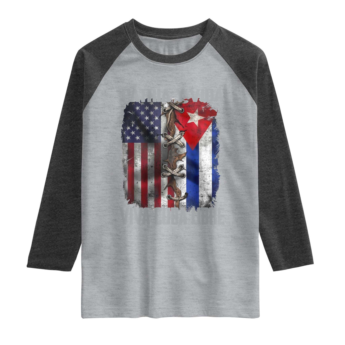 Patria y Vida Cuba Libre Freedom Raglan Shirt Cuban Pride Independence USA Cuba Flag TS02 Heather Gray Heather Charcoal Print Your Wear
