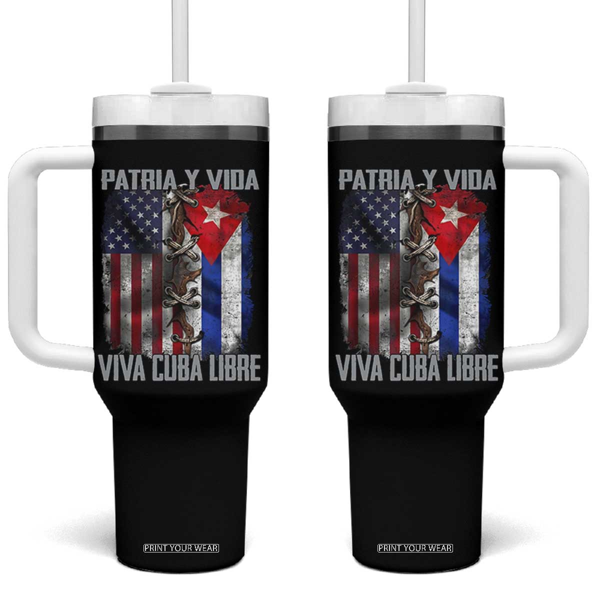 Patria y Vida Cuba Libre Freedom Tumbler With Handle Cuban Pride Independence USA Cuba Flag TS02 One Size: 40 oz Black Print Your Wear