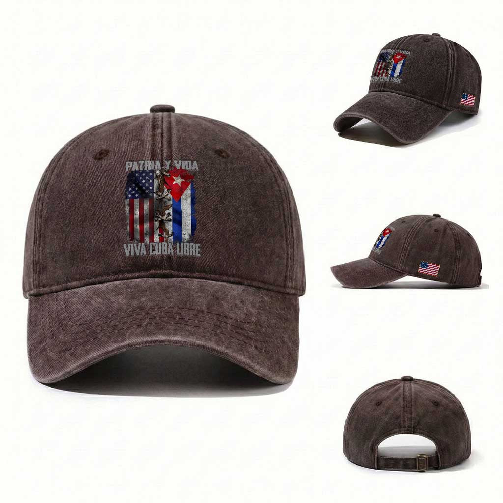 Patria y Vida Cuba Libre Freedom Washed Cotton Baseball Cap Cuban Pride Independence USA Cuba Flag