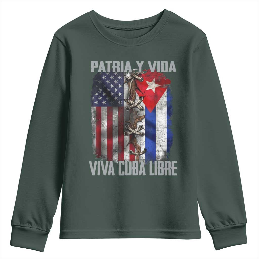 Patria y Vida Cuba Libre Freedom Youth Sweatshirt Cuban Pride Independence USA Cuba Flag TS02 Dark Forest Green Print Your Wear