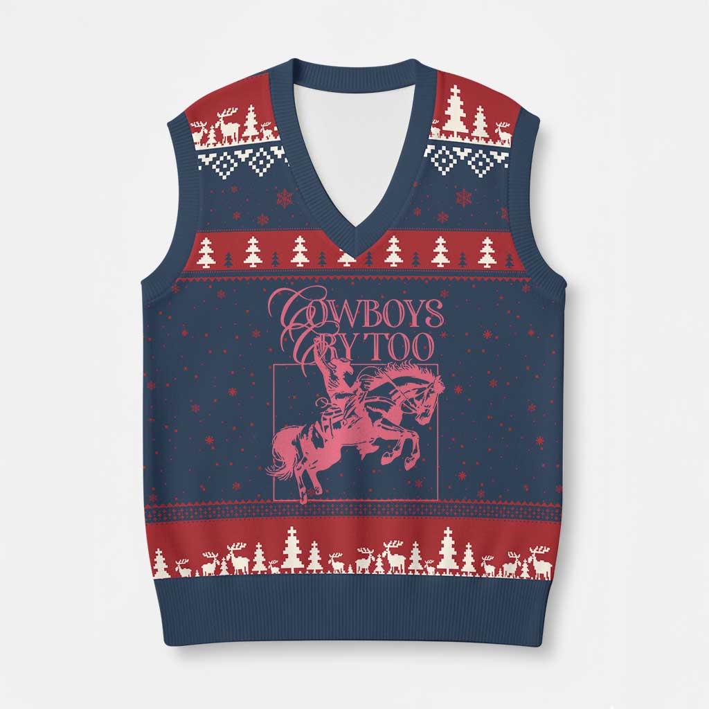 Cowboys Cry Too V-Neck Knit Sweater Vest Western Rodeo Cowgirl Cowboy Aesthetic Pink TS02 Navy Red Print Your Wear