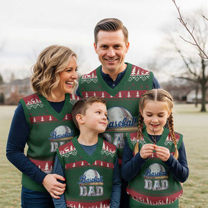 Baseball Dad V-Neck Knit Sweater Vest Baseball Sport Lovers For Father's Day TS02 Red Green Print Your Wear