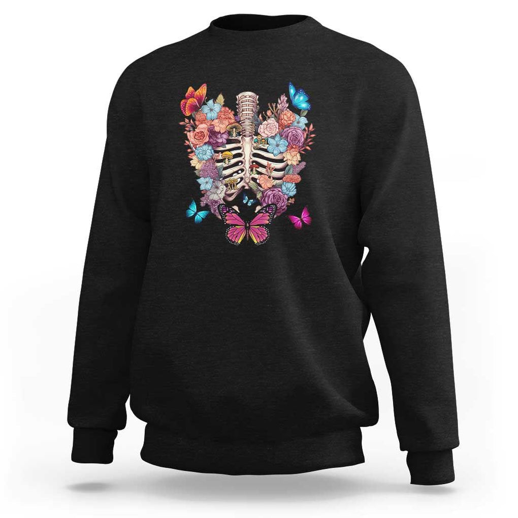 Cottagecore Sweatshirt Vintage Goblincore Dark Academia Skeleton with Flowers Cottagecore Style Nature Inspired Botanical TS02 Black Print Your Wear