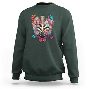 Cottagecore Sweatshirt Vintage Goblincore Dark Academia Skeleton with Flowers Cottagecore Style Nature Inspired Botanical TS02 Dark Forest Green Print Your Wear