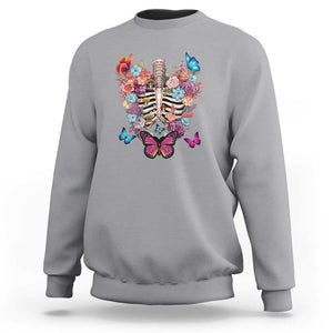 Cottagecore Sweatshirt Vintage Goblincore Dark Academia Skeleton with Flowers Cottagecore Style Nature Inspired Botanical TS02 Sport Gray Print Your Wear