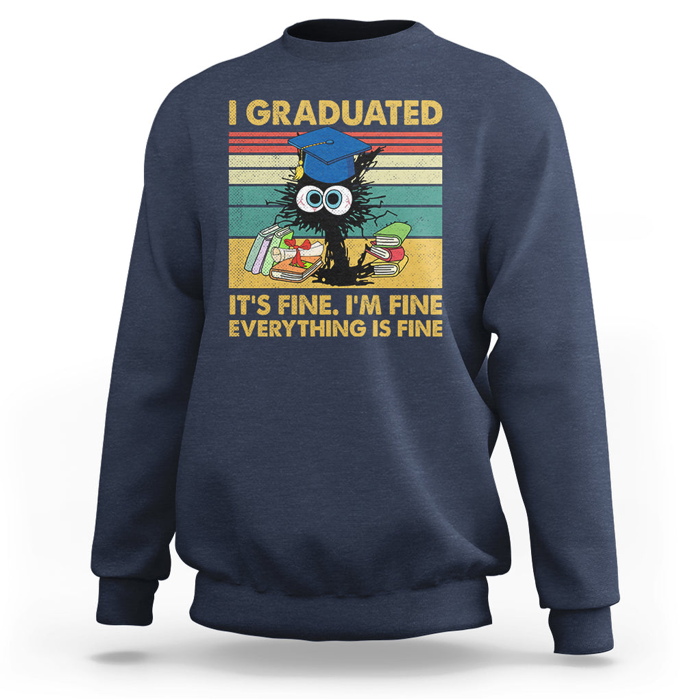 Last Day Of School Sweatshirt Black Cat It's Fine I'm Fine Everything TS02 Navy Printyourwear