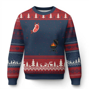 Humorous Diving Steak Charcoal Grill Graphic Ugly Christmas Sweater BBQ Grilling Pitmaster Cookout Funny Barbecue Master TS02 Navy Red Print Your Wear