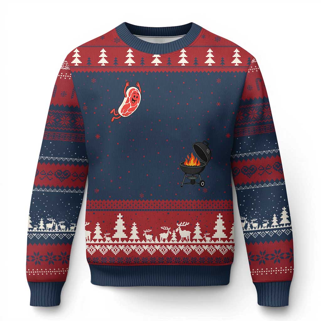 Humorous Diving Steak Charcoal Grill Graphic Ugly Christmas Sweater BBQ Grilling Pitmaster Cookout Funny Barbecue Master TS02 Navy Red Print Your Wear