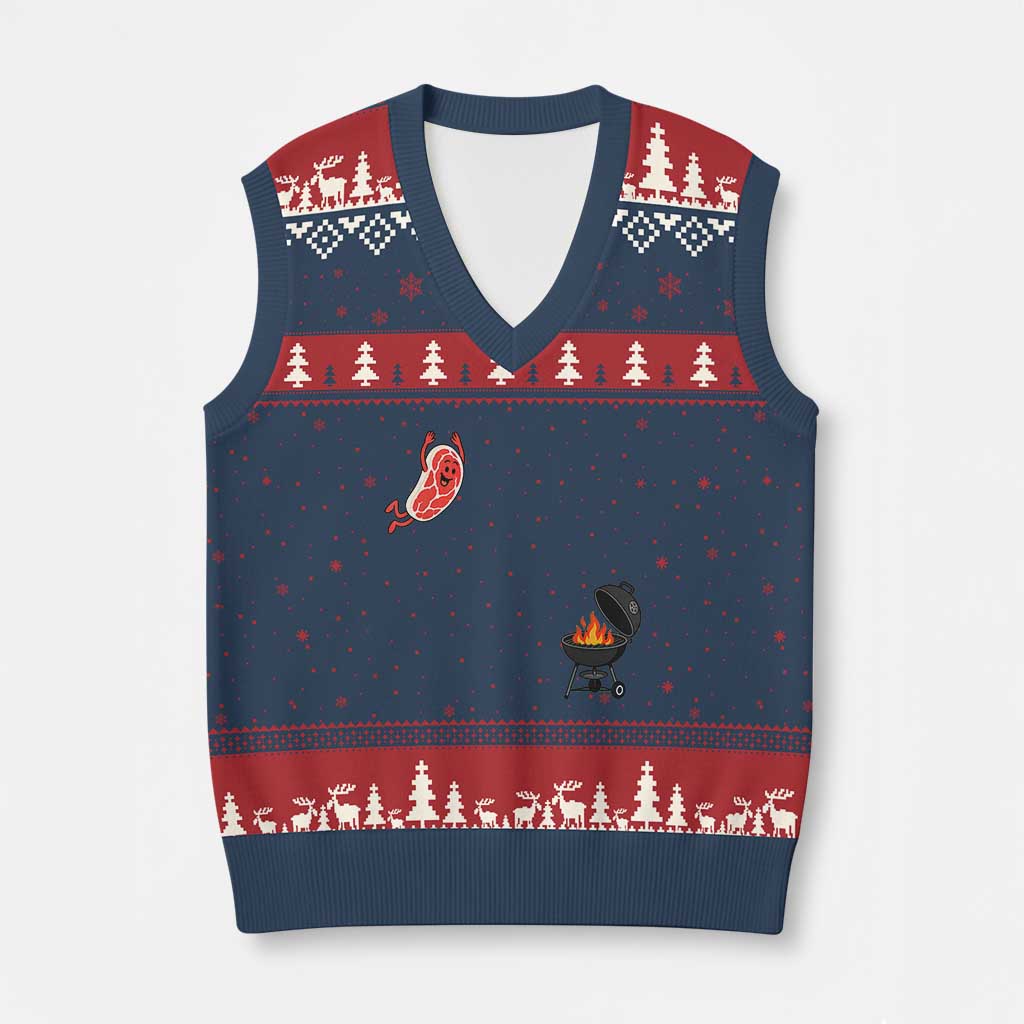 Humorous Diving Steak Charcoal Grill Graphic V-Neck Knit Sweater Vest BBQ Grilling Pitmaster Cookout Funny Barbecue Master TS02 Navy Red Print Your Wear