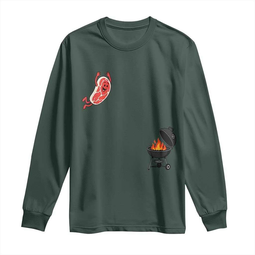 Humorous Diving Steak Charcoal Grill Graphic Long Sleeve Shirt BBQ Grilling Pitmaster Cookout Funny Barbecue Master TS02 Dark Forest Green Print Your Wear