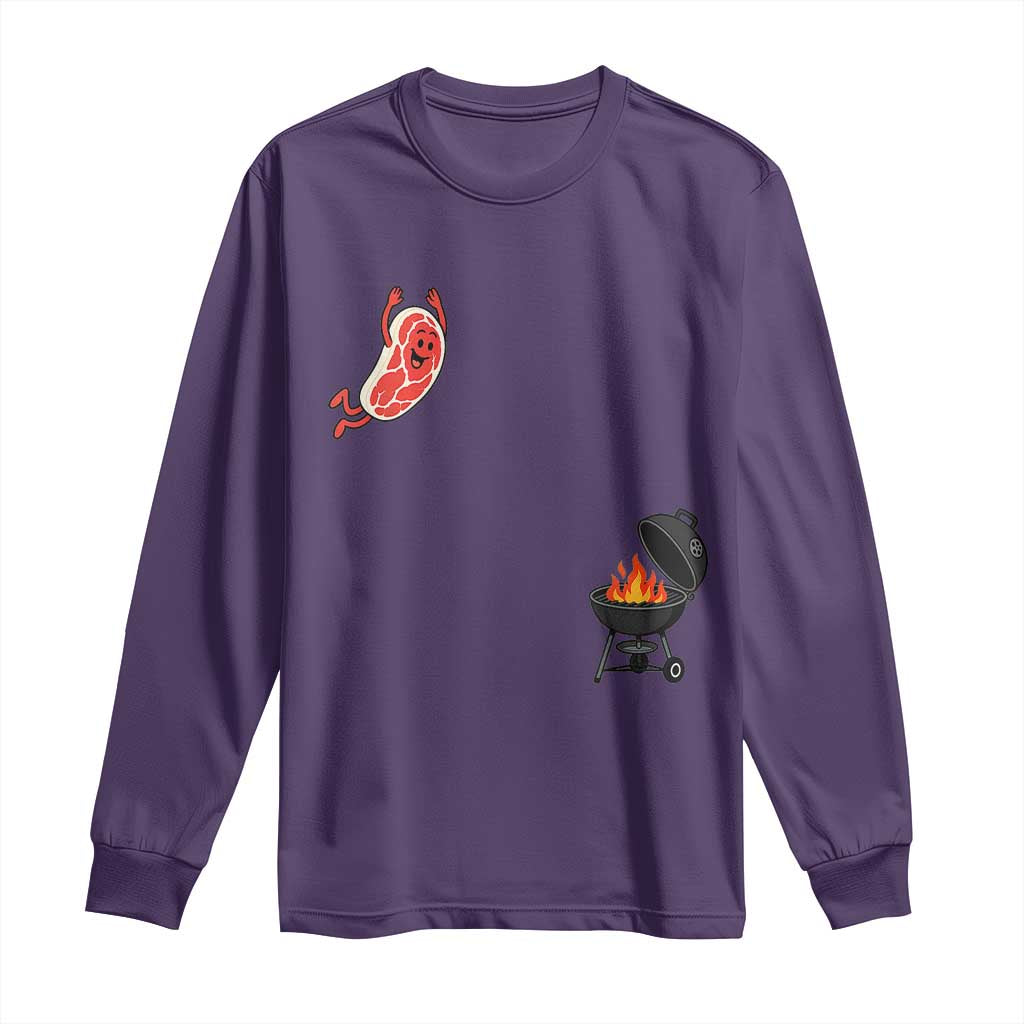 Humorous Diving Steak Charcoal Grill Graphic Long Sleeve Shirt BBQ Grilling Pitmaster Cookout Funny Barbecue Master TS02 Purple Print Your Wear