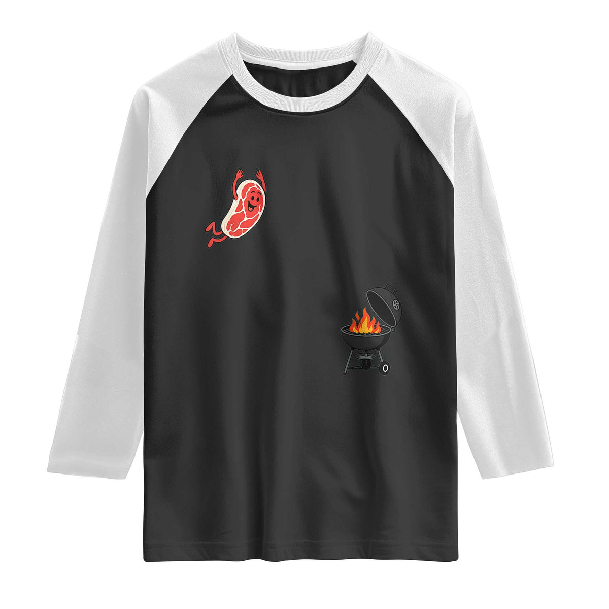 Humorous Diving Steak Charcoal Grill Graphic Raglan Shirt BBQ Grilling Pitmaster Cookout Funny Barbecue Master TS02 Black White Print Your Wear