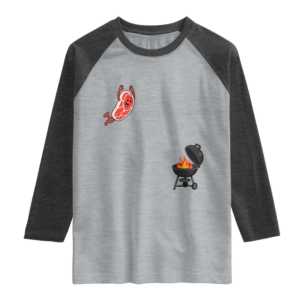 Humorous Diving Steak Charcoal Grill Graphic Raglan Shirt BBQ Grilling Pitmaster Cookout Funny Barbecue Master TS02 Heather Gray Heather Charcoal Print Your Wear