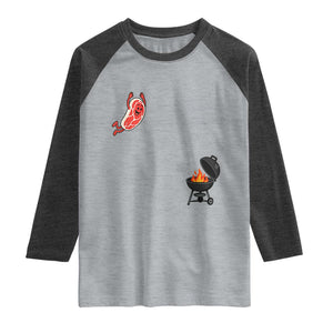 Humorous Diving Steak Charcoal Grill Graphic Raglan Shirt BBQ Grilling Pitmaster Cookout Funny Barbecue Master TS02 Heather Gray Heather Charcoal Print Your Wear