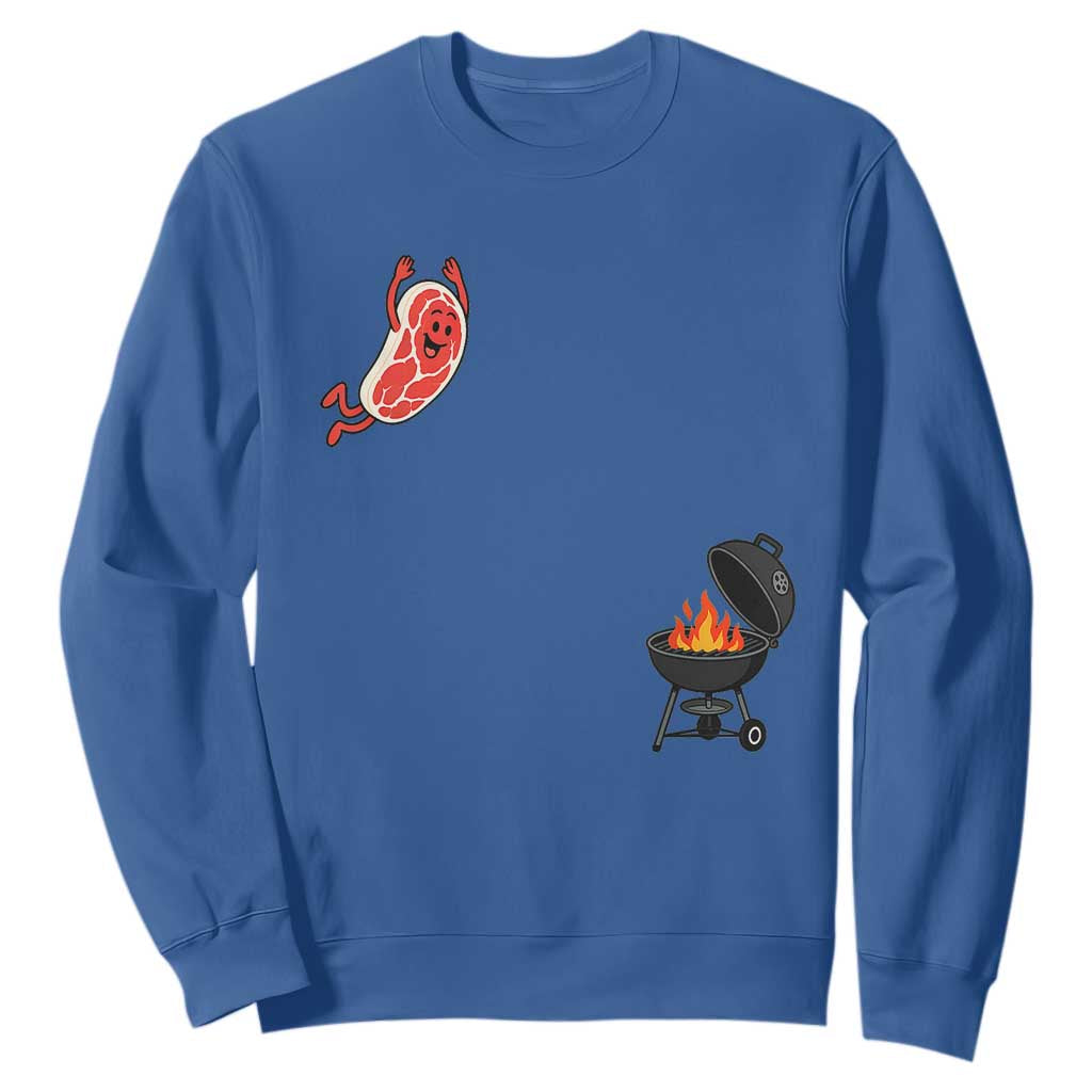 Humorous Diving Steak Charcoal Grill Graphic Sweatshirt BBQ Grilling Pitmaster Cookout Funny Barbecue Master TS02 Royal Blue Print Your Wear