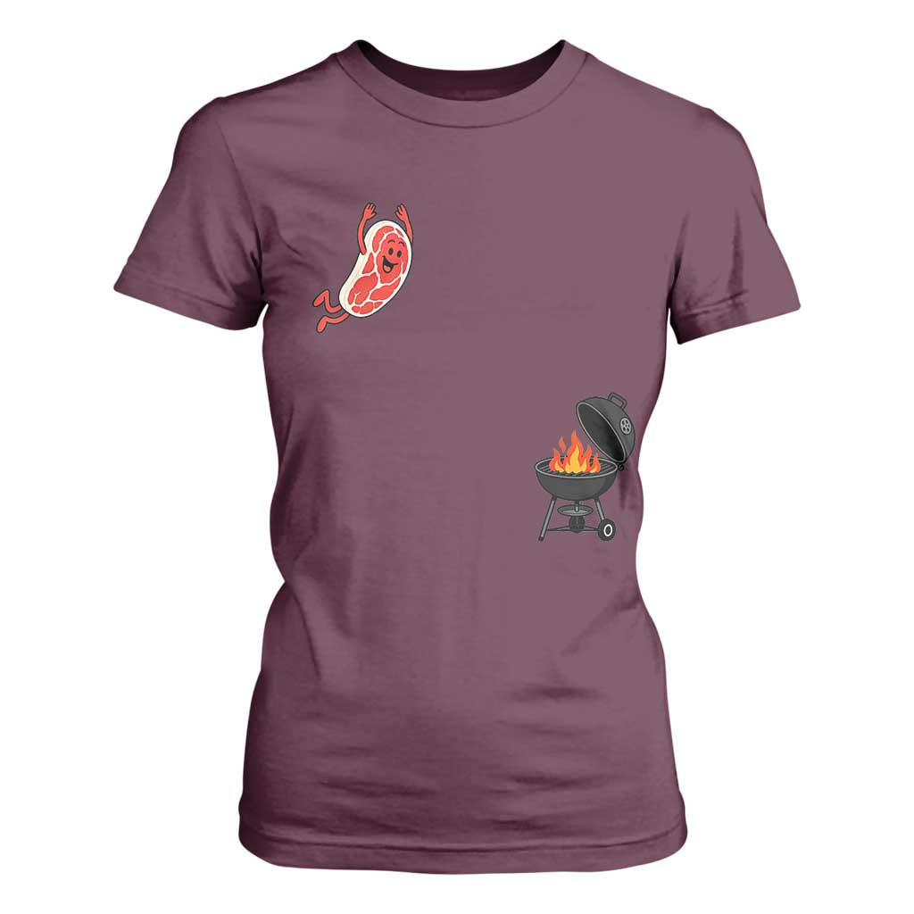 Humorous Diving Steak Charcoal Grill Graphic T Shirt For Women BBQ Grilling Pitmaster Cookout Funny Barbecue Master TS02 Maroon Print Your Wear