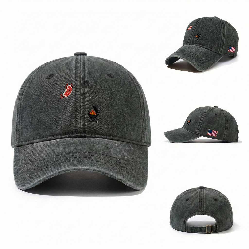 Humorous Diving Steak Charcoal Grill Graphic Washed Cotton Baseball Cap BBQ Grilling Pitmaster Cookout Funny Barbecue Master TS02 Washed Cap Universal Fit Dark Green Print Your Wear