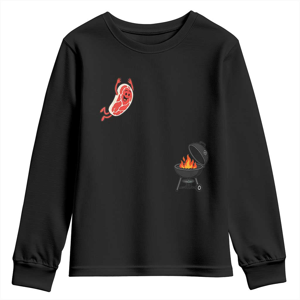Humorous Diving Steak Charcoal Grill Graphic Youth Sweatshirt BBQ Grilling Pitmaster Cookout Funny Barbecue Master TS02 Black Print Your Wear