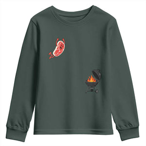 Humorous Diving Steak Charcoal Grill Graphic Youth Sweatshirt BBQ Grilling Pitmaster Cookout Funny Barbecue Master