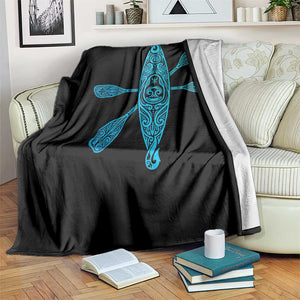 Polynesian Tribal Kayak Graphic Throw Blanket Maori Pattern Water Sports Cyan Gradient Paddling