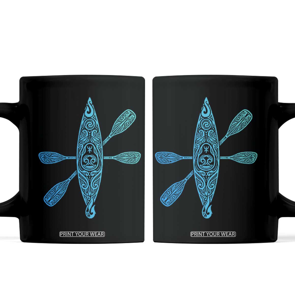 Polynesian Tribal Kayak Graphic Coffee Mug Maori Pattern Water Sports Cyan Gradient Paddling