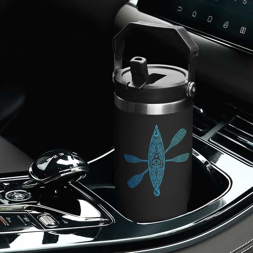 Polynesian Tribal Kayak Graphic Flip Straw Tumbler Maori Pattern Water Sports Cyan Gradient Paddling