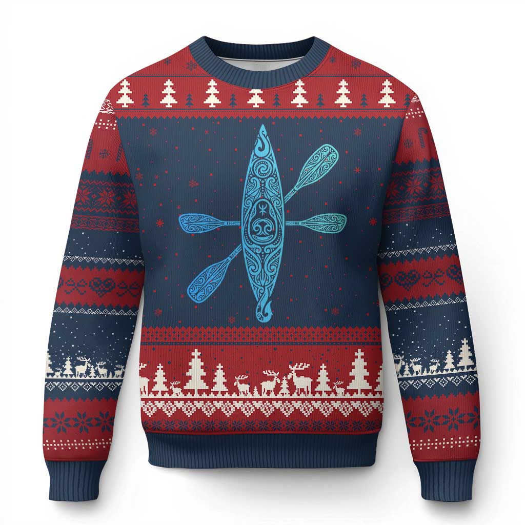 Polynesian Tribal Kayak Graphic Ugly Christmas Sweater Maori Pattern Water Sports Cyan Gradient Paddling TS02 Navy Red Print Your Wear