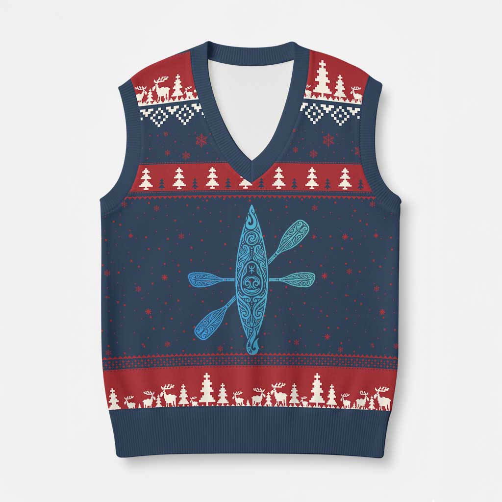 Polynesian Tribal Kayak Graphic V-Neck Knit Sweater Vest Maori Pattern Water Sports Cyan Gradient Paddling TS02 Navy Red Print Your Wear