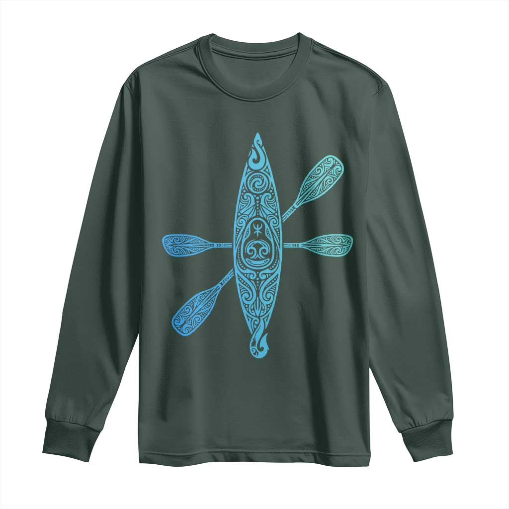 Polynesian Tribal Kayak Graphic Long Sleeve Shirt Maori Pattern Water Sports Cyan Gradient Paddling TS02 Dark Forest Green Print Your Wear