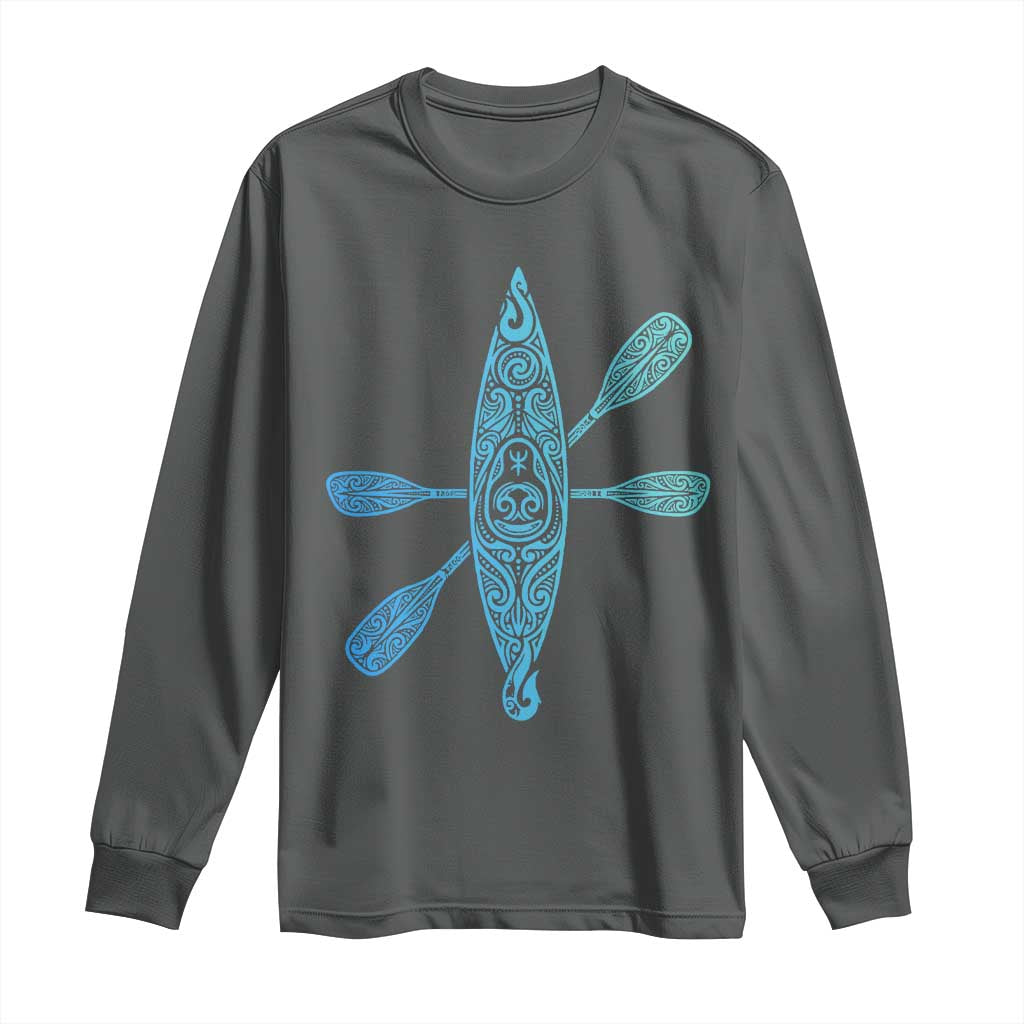 Polynesian Tribal Kayak Graphic Long Sleeve Shirt Maori Pattern Water Sports Cyan Gradient Paddling TS02 Dark Heather Print Your Wear