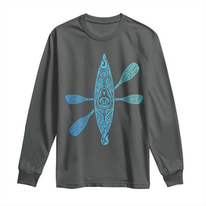 Polynesian Tribal Kayak Graphic Long Sleeve Shirt Maori Pattern Water Sports Cyan Gradient Paddling TS02 Dark Heather Print Your Wear