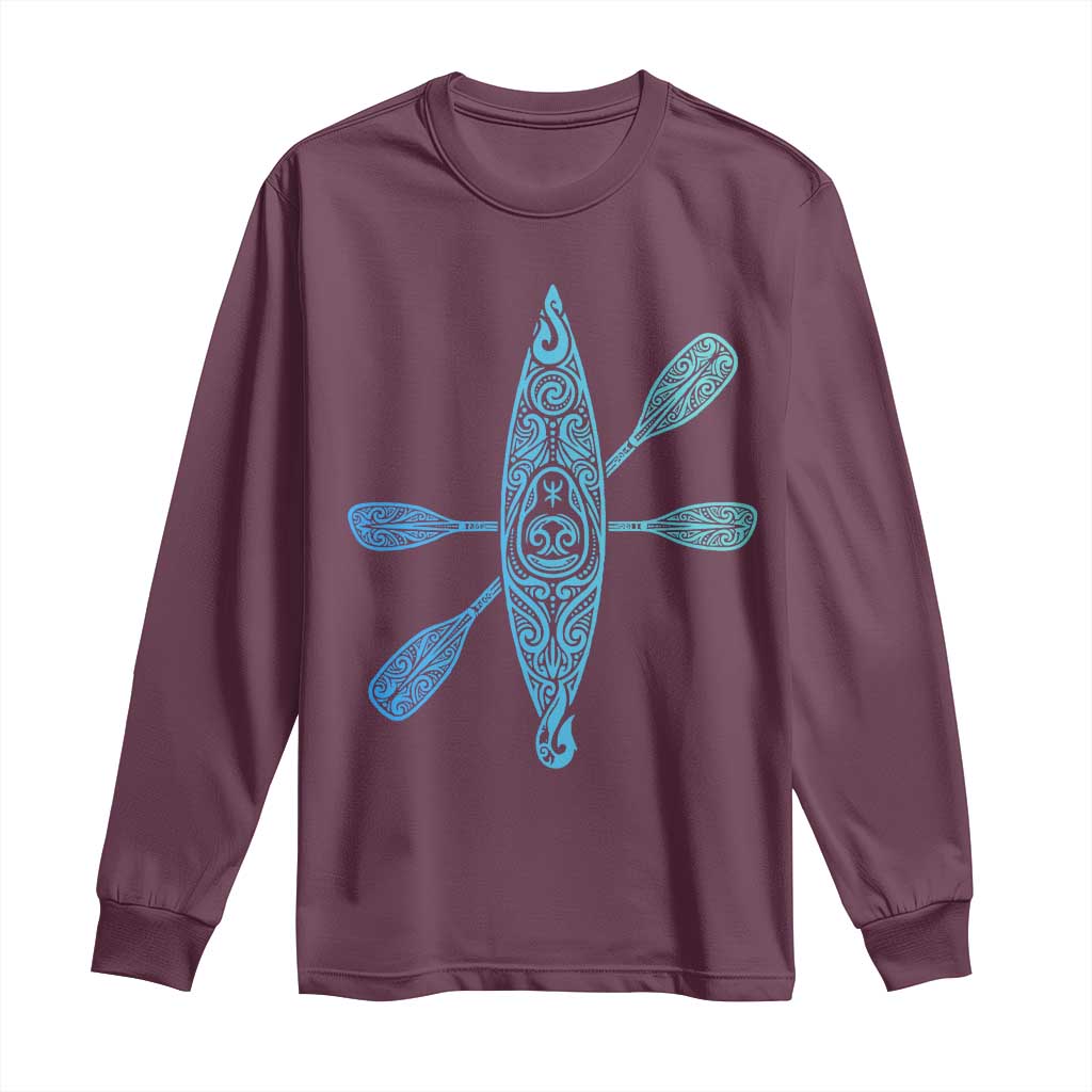 Polynesian Tribal Kayak Graphic Long Sleeve Shirt Maori Pattern Water Sports Cyan Gradient Paddling TS02 Maroon Print Your Wear