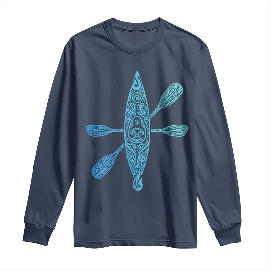 Polynesian Tribal Kayak Graphic Long Sleeve Shirt Maori Pattern Water Sports Cyan Gradient Paddling TS02 Navy Print Your Wear