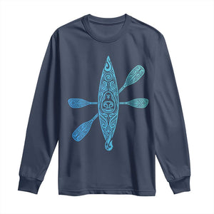 Polynesian Tribal Kayak Graphic Long Sleeve Shirt Maori Pattern Water Sports Cyan Gradient Paddling TS02 Navy Print Your Wear