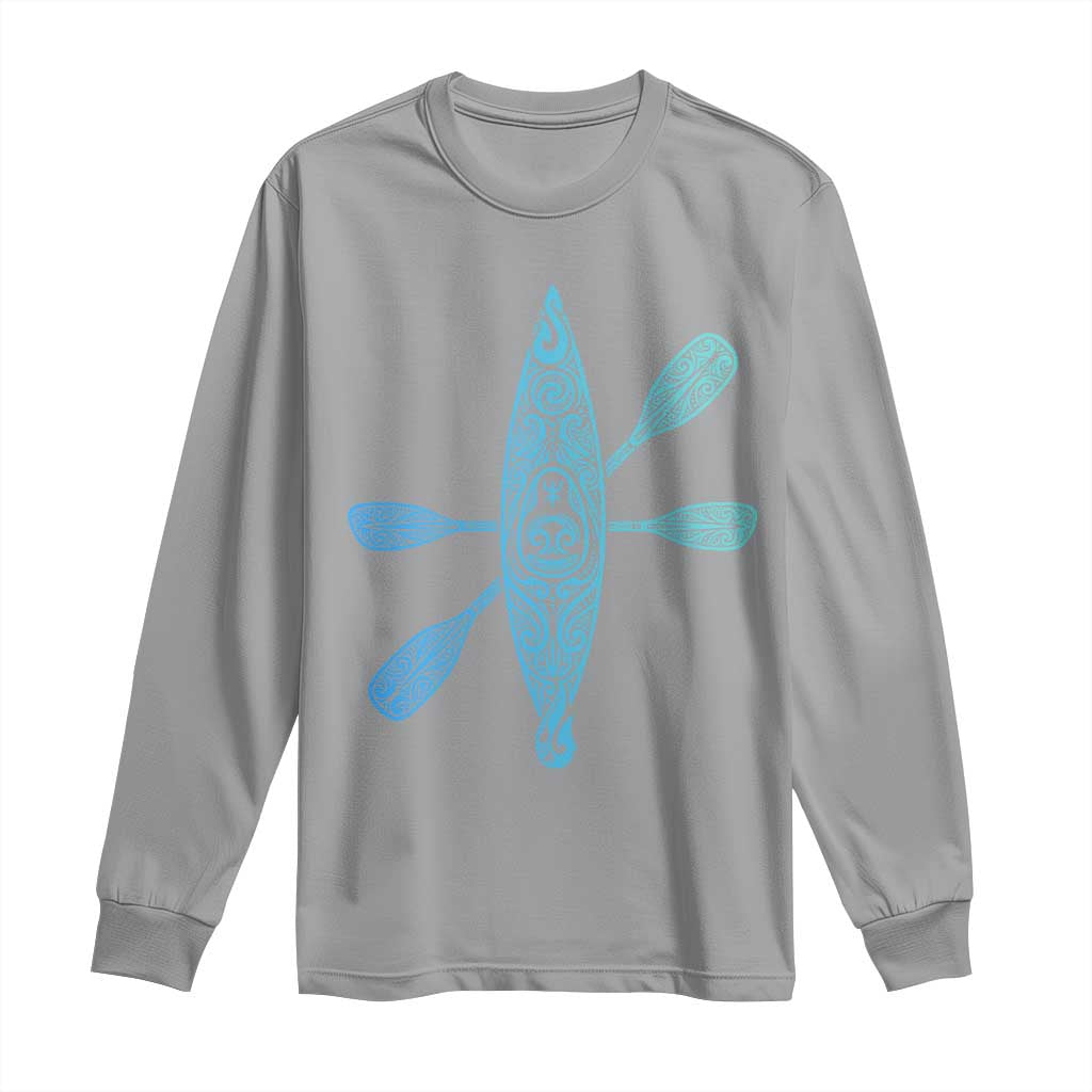 Polynesian Tribal Kayak Graphic Long Sleeve Shirt Maori Pattern Water Sports Cyan Gradient Paddling TS02 Sport Gray Print Your Wear