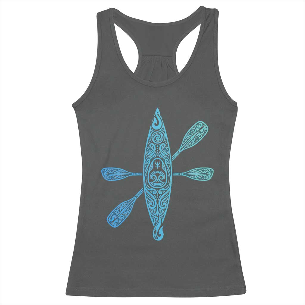 Polynesian Tribal Kayak Graphic Racerback Tank Top Maori Pattern Water Sports Cyan Gradient Paddling TS02 Dark Heather Print Your Wear