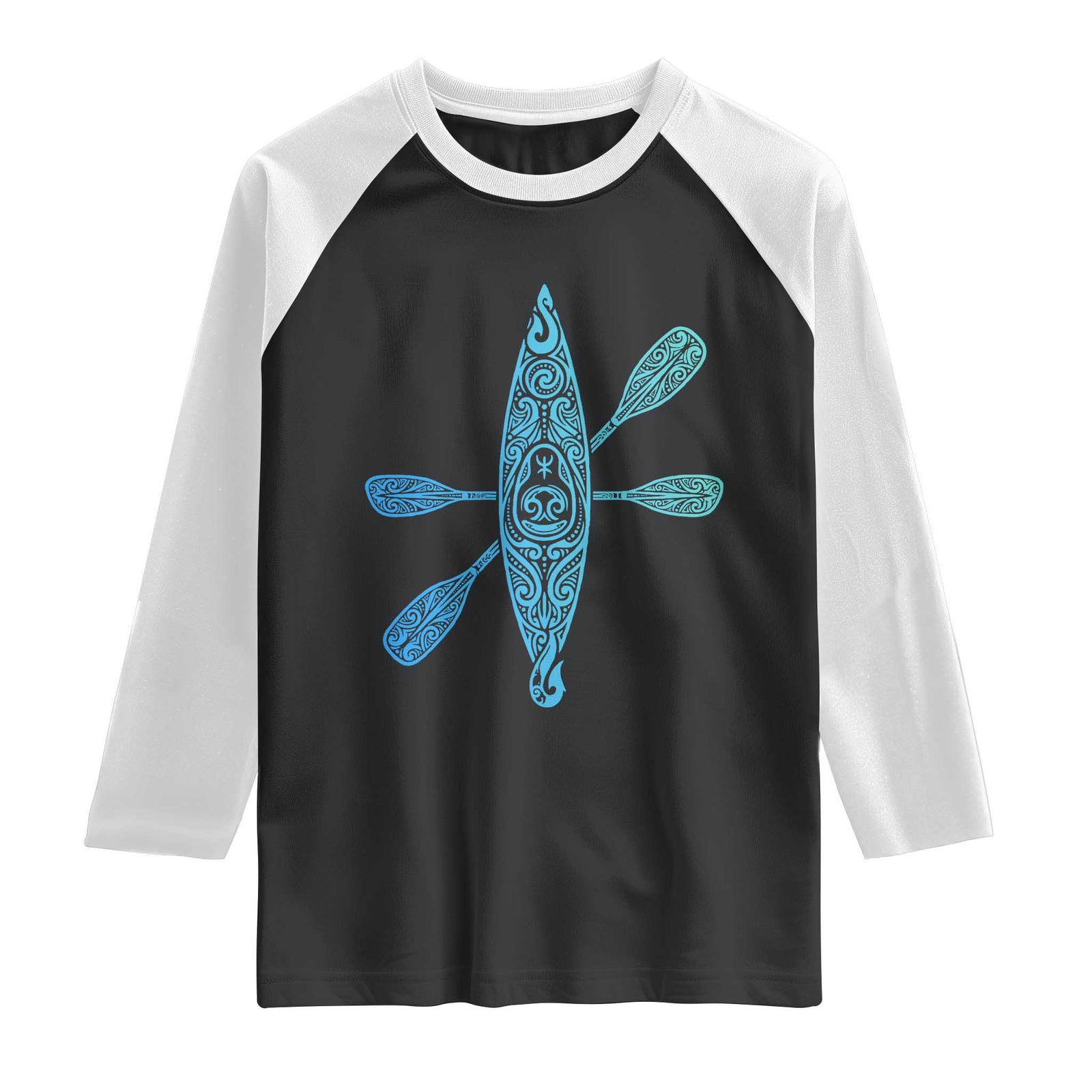 Polynesian Tribal Kayak Graphic Raglan Shirt Maori Pattern Water Sports Cyan Gradient Paddling TS02 Black White Print Your Wear