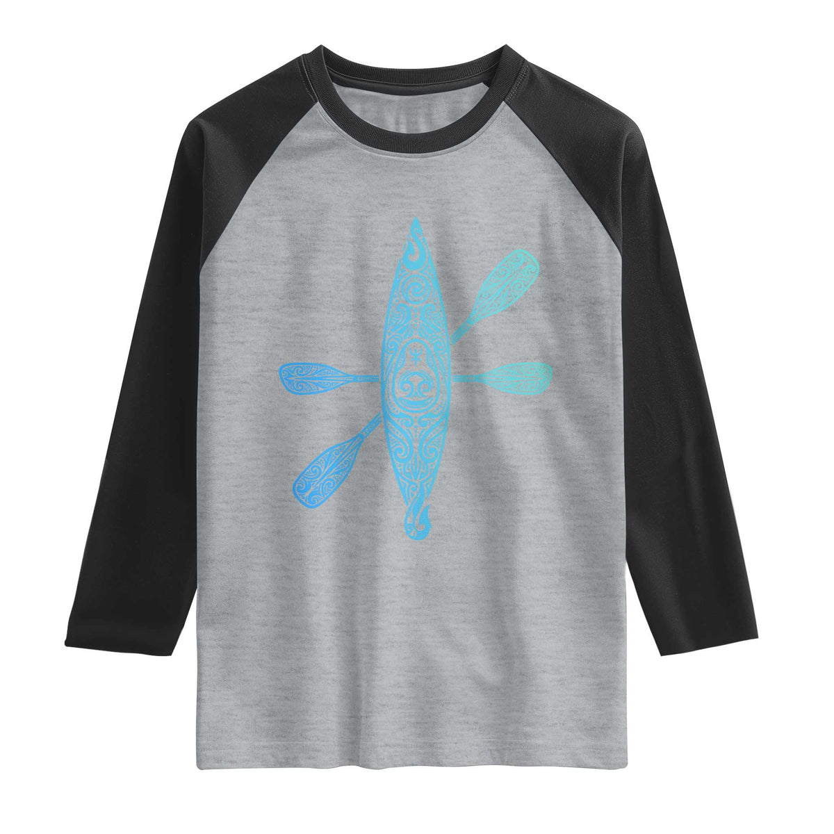 Polynesian Tribal Kayak Graphic Raglan Shirt Maori Pattern Water Sports Cyan Gradient Paddling TS02 Heather Gray Black Print Your Wear