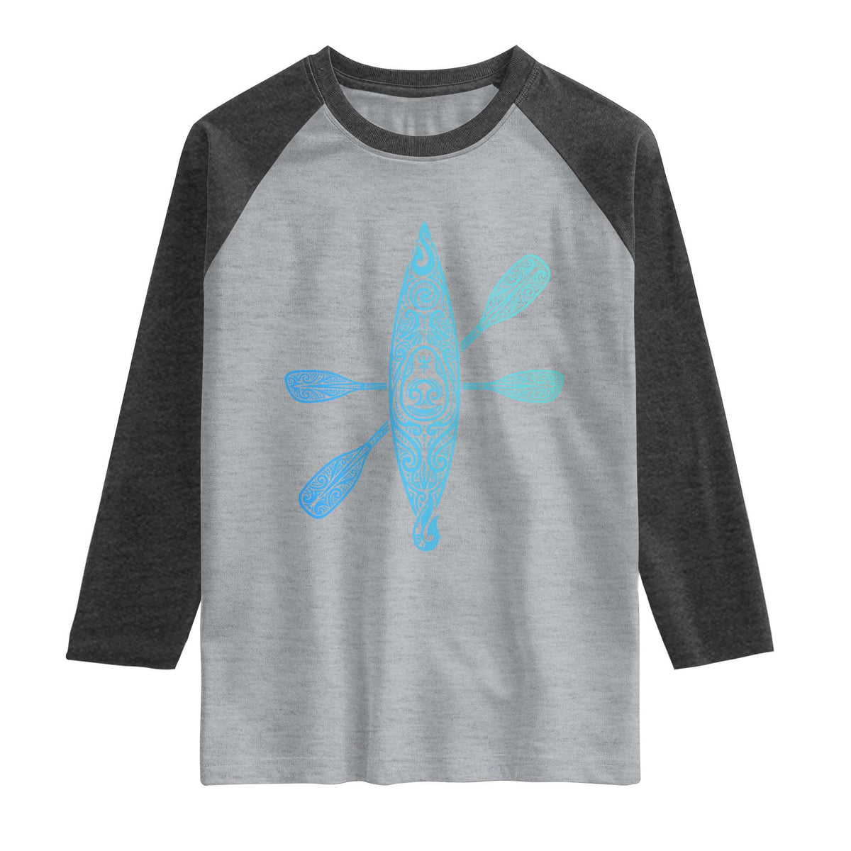 Polynesian Tribal Kayak Graphic Raglan Shirt Maori Pattern Water Sports Cyan Gradient Paddling TS02 Heather Gray Heather Charcoal Print Your Wear