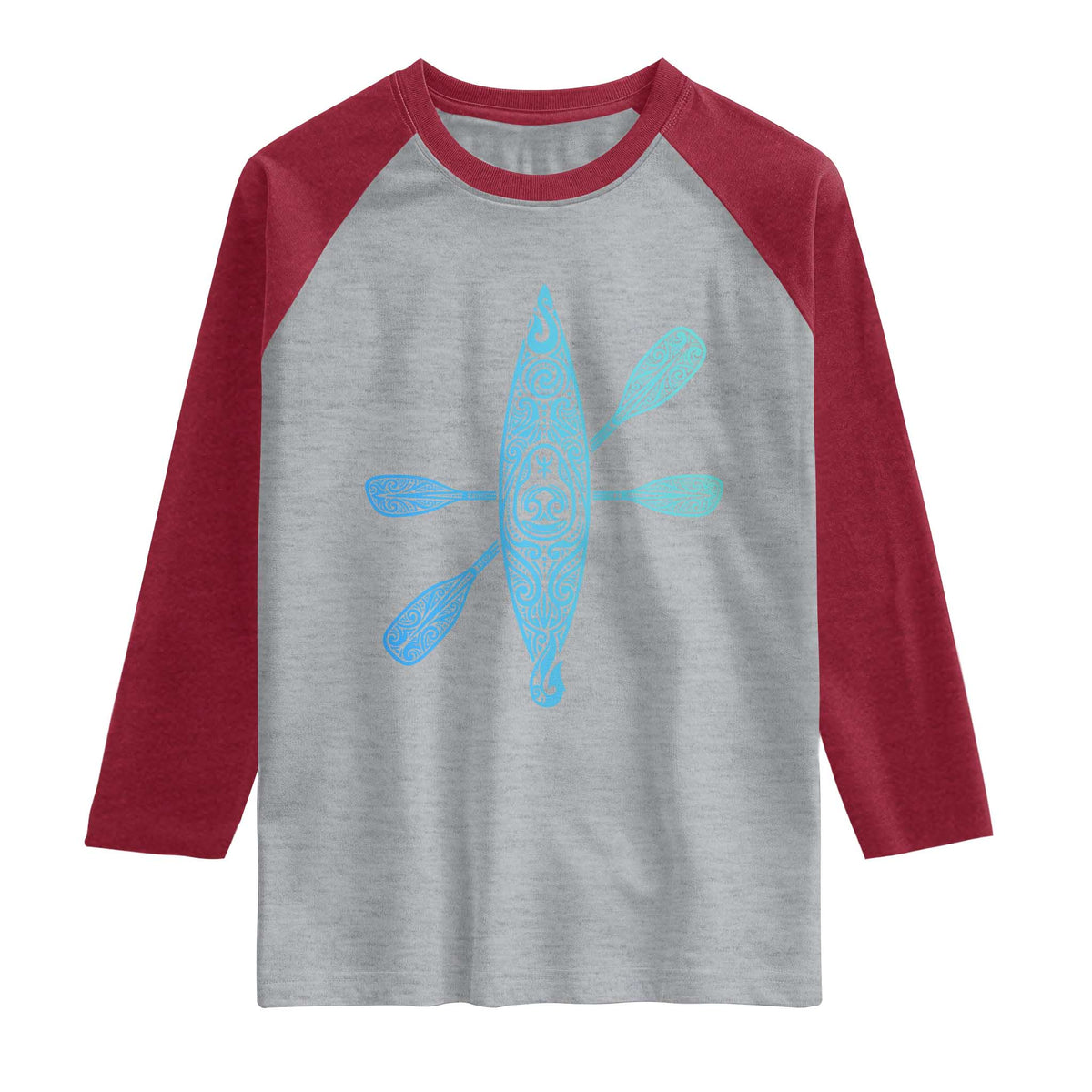 Polynesian Tribal Kayak Graphic Raglan Shirt Maori Pattern Water Sports Cyan Gradient Paddling TS02 Heather Gray Heather Red Print Your Wear